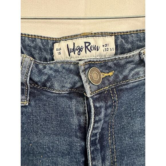 Indigo Rein Jeans Womens sz 15 Blue High-Rise Flare Denim Distressed - Picture 2 of 8